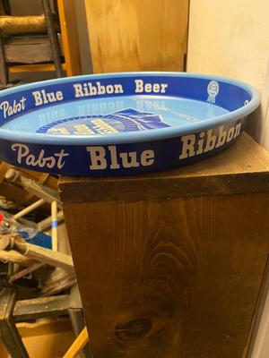 Vintage Lt Blue Pabst Blue Ribbon Beer Metal Advertising Serving Tray