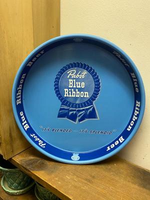 Vintage Lt Blue Pabst Blue Ribbon Beer Metal Advertising Serving Tray