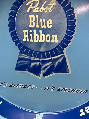 Vintage Lt Blue Pabst Blue Ribbon Beer Metal Advertising Serving Tray