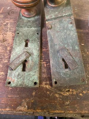 2 Vintage Brass 7 In. Plate Passage Door Knob Set