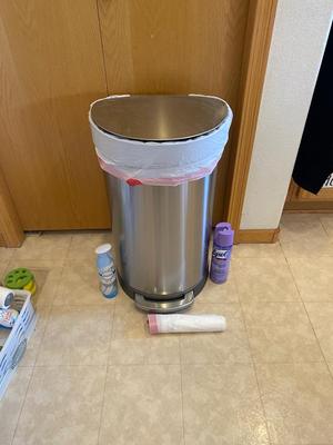 SIMPLEHUMAN 45L TRASH CAN, LYSOL, FEBREZE AND TRASH CAN LINERS