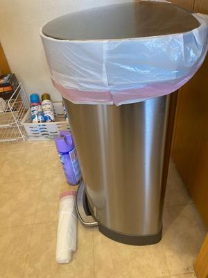 SIMPLEHUMAN 45L TRASH CAN, LYSOL, FEBREZE AND TRASH CAN LINERS