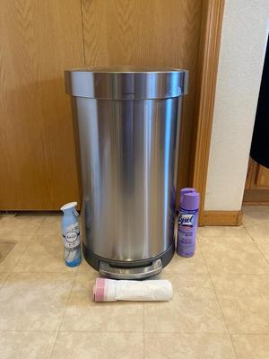 SIMPLEHUMAN 45L TRASH CAN, LYSOL, FEBREZE AND TRASH CAN LINERS