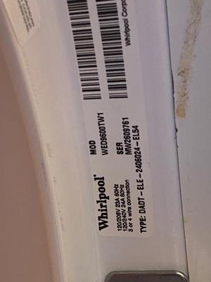 WHIRLPOOL DUET ELECTRIC DRYER MODEL: WED9600TW1 WITH PEDESTAL DRAWER