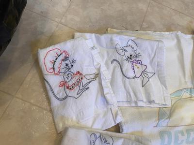VINTAGE EMBROIDERED TEA TOWELS AND FLOWER SACK TEA TOWEL MATERIAL