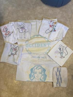 VINTAGE EMBROIDERED TEA TOWELS AND FLOWER SACK TEA TOWEL MATERIAL