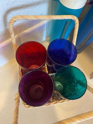 GLASS WATER BOTTLES, VINTAGE PLASTIC PICNIC CUPS, TUPPERWARE JELLO MOLD, EGG ORGANIZER, SMALL CROCKS AND MORE