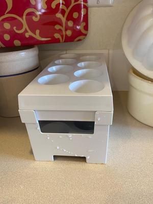 GLASS WATER BOTTLES, VINTAGE PLASTIC PICNIC CUPS, TUPPERWARE JELLO MOLD, EGG ORGANIZER, SMALL CROCKS AND MORE