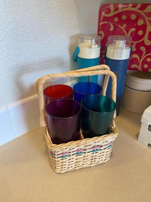 GLASS WATER BOTTLES, VINTAGE PLASTIC PICNIC CUPS, TUPPERWARE JELLO MOLD, EGG ORGANIZER, SMALL CROCKS AND MORE