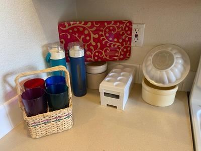 GLASS WATER BOTTLES, VINTAGE PLASTIC PICNIC CUPS, TUPPERWARE JELLO MOLD, EGG ORGANIZER, SMALL CROCKS AND MORE