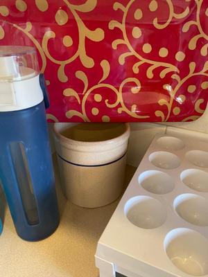 GLASS WATER BOTTLES, VINTAGE PLASTIC PICNIC CUPS, TUPPERWARE JELLO MOLD, EGG ORGANIZER, SMALL CROCKS AND MORE
