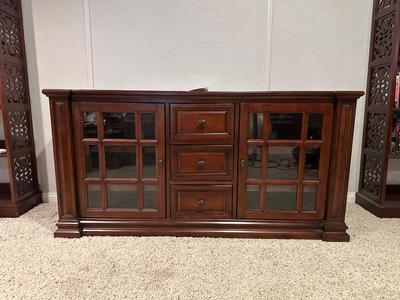 CLAYTON MEDIA STAND W/3 DRAWERS AND 2 GLASS FRONT CABINETS W/SHELVES