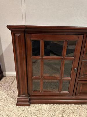 CLAYTON MEDIA STAND W/3 DRAWERS AND 2 GLASS FRONT CABINETS W/SHELVES