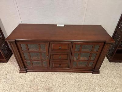 CLAYTON MEDIA STAND W/3 DRAWERS AND 2 GLASS FRONT CABINETS W/SHELVES