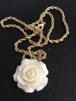 Carved Resin Cream Vintage Rose Pendant on Chain