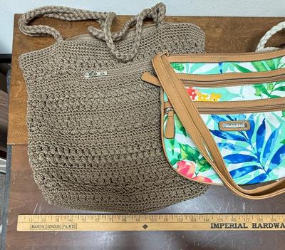 Sale Photo Thumbnail #359: Crocheted bag by The San and Hawaiian print with faux leather by Rosetti in good used condition.