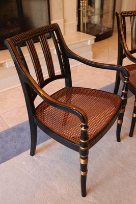 Pair of Black and Gold Painted Cane Seat Side Chairs