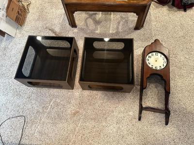 2 MATCHING END TABLES AND A WALL CLOCK