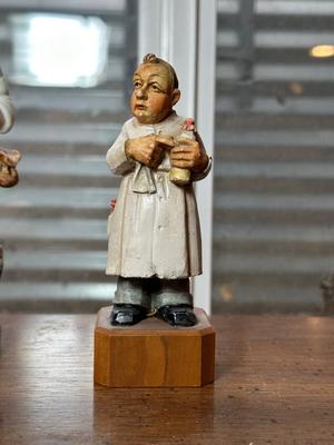 KELLY JR MUSICAL CLOWN, WOODEN CARVED PHARMACIST AND CERAMIC COWBOY