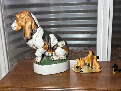 SKI COUNTRY BOURBON EMPTY DECANTER AND MINIATURE PORCELAIN DOGS