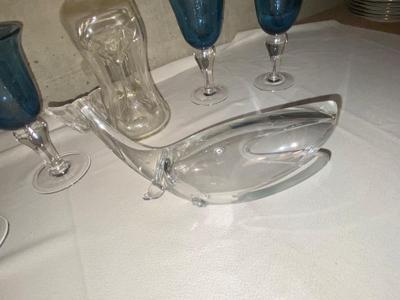HOUR GLASS SHAPED DECANTER, CORSICA HOME GOBLETS, & HEAVY GLASS WHALE