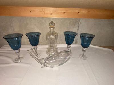 HOUR GLASS SHAPED DECANTER, CORSICA HOME GOBLETS, & HEAVY GLASS WHALE
