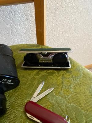 SWISS ARMY KNIFE, DOTLINE BINOCULARS, UNIQUE, SAFETY PIN, AND POCKET BINOCULAR