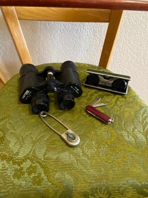 SWISS ARMY KNIFE, DOTLINE BINOCULARS, UNIQUE, SAFETY PIN, AND POCKET BINOCULAR