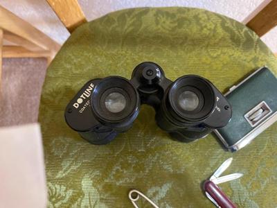 SWISS ARMY KNIFE, DOTLINE BINOCULARS, UNIQUE, SAFETY PIN, AND POCKET BINOCULAR