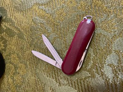 SWISS ARMY KNIFE, DOTLINE BINOCULARS, UNIQUE, SAFETY PIN, AND POCKET BINOCULAR