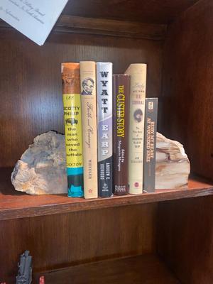 PETRIFIED WOOD BOOKENDS AND A SELECTION OF BOOKS