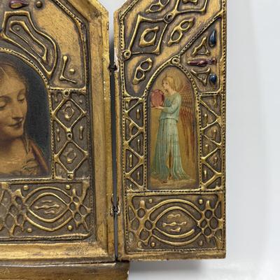Antique Vintage Triptych - Florentine Gilded Wooden Icon, Madonna Virgin and Child, angels