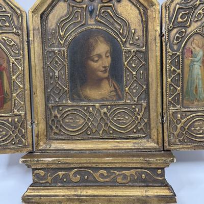 Antique Vintage Triptych - Florentine Gilded Wooden Icon, Madonna Virgin and Child, angels