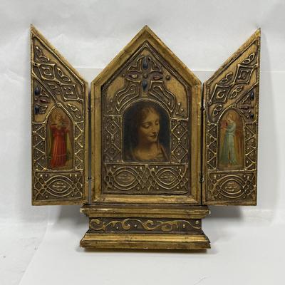 Antique Vintage Triptych - Florentine Gilded Wooden Icon, Madonna Virgin and Child, angels