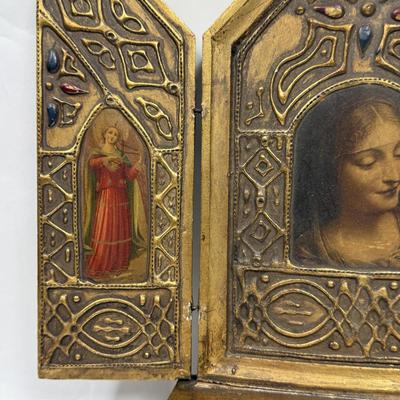 Antique Vintage Triptych - Florentine Gilded Wooden Icon, Madonna Virgin and Child, angels