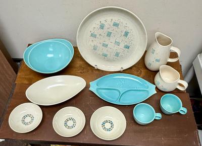 Sale Photo Thumbnail #14: Vernonware Platter, pitcher and Teal Metlox cups bowl and divided serving plate, and 3 MCM Vintage atomic Canonsburg Pottery bowls