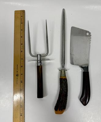 3 pc Lot - Vintage Kitchen Tools - tortoise shell handled fork, Faux Antler handled knife sharpener, Ginsu Cleaver