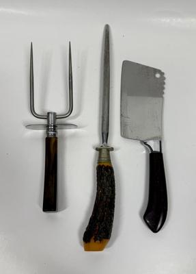 3 pc Lot - Vintage Kitchen Tools - tortoise shell handled fork, Faux Antler handled knife sharpener, Ginsu Cleaver