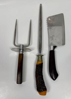 3 pc Lot - Vintage Kitchen Tools - tortoise shell handled fork, Faux Antler handled knife sharpener, Ginsu Cleaver