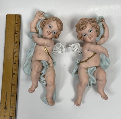 Pair of Ceramic Victorian Cherub Wall Hangings by Eleanore