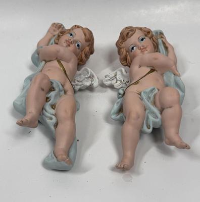 Pair of Ceramic Victorian Cherub Wall Hangings by Eleanore