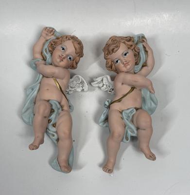 Pair of Ceramic Victorian Cherub Wall Hangings by Eleanore