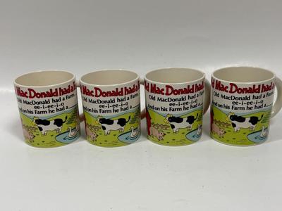 Set of 4 Vintage OLD MacDONALD mugs cups made Japan with animal at the bottom of cup