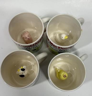 Set of 4 Vintage OLD MacDONALD mugs cups made Japan with animal at the bottom of cup