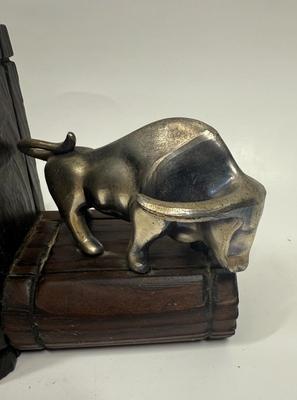 Chunky wood and Metal bull bookend Set of 2 - one bull has damaged horn