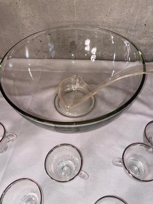 PRETTY PUNCH BOWL WITH SILVER RIMMED CUPS