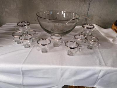 PRETTY PUNCH BOWL WITH SILVER RIMMED CUPS