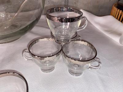 PRETTY PUNCH BOWL WITH SILVER RIMMED CUPS