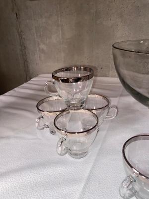 PRETTY PUNCH BOWL WITH SILVER RIMMED CUPS