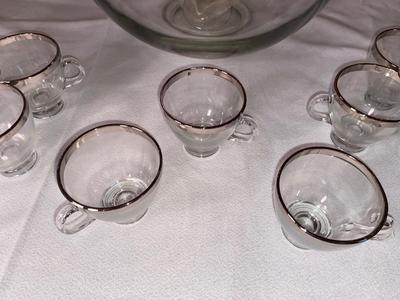 PRETTY PUNCH BOWL WITH SILVER RIMMED CUPS